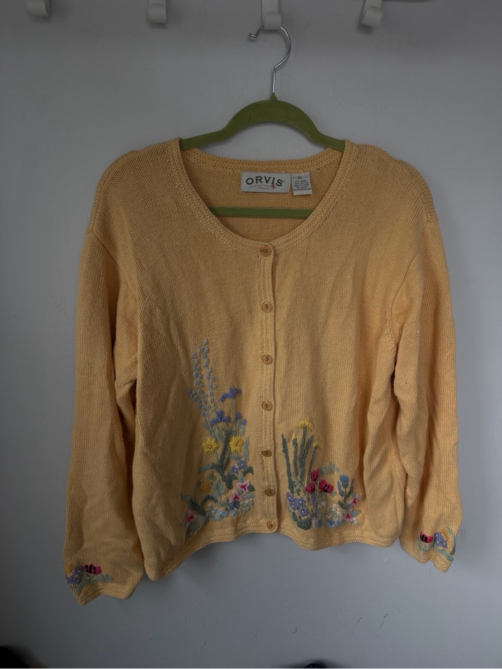 Orvis Yellow Embroidered Floral Button-Front Cardigan
